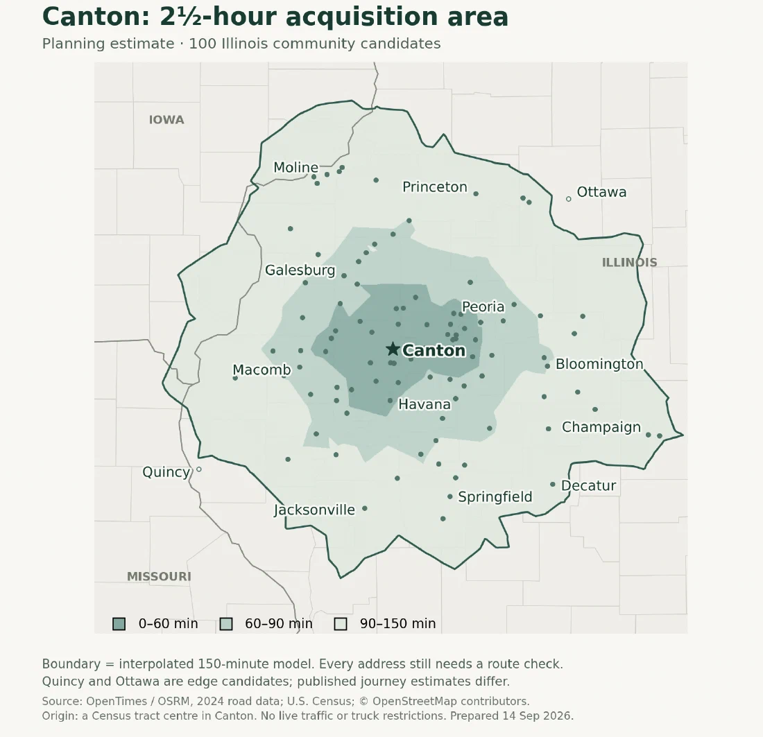 Planning map showing Canton and an approximate two-and-a-half-hour driving area across parts of Illinois