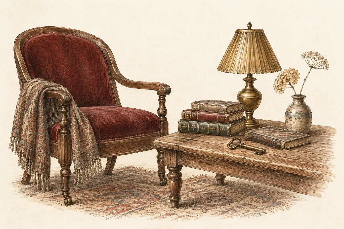 Illustration of a vintage armchair, brass lamp, books and an antique key